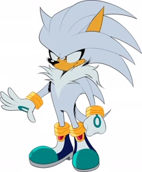 Size: 1692x2048 | Tagged: safe, artist:theteyoman, silver the hedgehog, 2024, clenched fist, frown, looking offscreen, simple background, solo, standing, white background