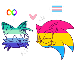 Size: 1978x1669 | Tagged: dead source, safe, artist:gayspudling, miles "tails" prower, sonic the hedgehog, 2024, autism symbol, autistic, clenched teeth, duo, gay, gender headcanon, head only, headcanon, headshot, heart, mlm pride, mouth open, one fang, pansexual, pansexual pride, sexuality headcanon, shipping, simple background, smile, sonic x tails, speech bubble, trans male, trans pride, transgender, transparent background