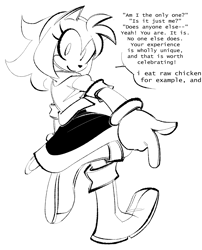 Size: 2048x2536 | Tagged: safe, artist:the-hydroxian-artblog, amy rose, dialogue, english text, looking back, looking back at viewer, looking over shoulder, pointing, simple background, smile, solo, wat, white background