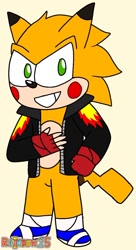 Size: 674x1239 | Tagged: safe, artist:rainbowsans15, oc, oc:thunder the sonichu, hedgehog, fingerless gloves, green eyes, jacket, male, shoes, socks, yellow fur