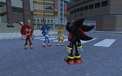 Size: 1920x1200 | Tagged: safe, artist:puzzlshield2, knuckles the echidna, miles "tails" prower, shadow the hedgehog, sonic the hedgehog, 3d, mmd, team sonic