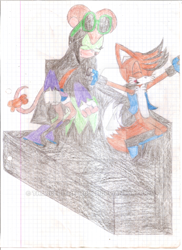 Size: 400x550 | Tagged: safe, artist:thunder-the-mouse, miles "tails" prower, oc, oc:thunder dark the hedgemouse, traditional media