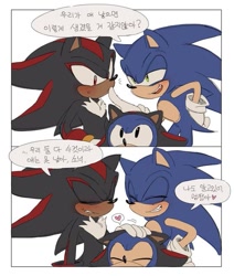 Size: 509x600 | Tagged: safe, artist:roastedgarlics2, shadow the hedgehog, sonic the hedgehog, sonic superstars, classic sonic, comic, korean text, self paradox, speech bubble, trio