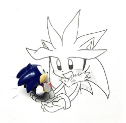 Size: 1129x1100 | Tagged: safe, artist:pita_b882, silver the hedgehog, sonic the hedgehog, chaos emerald, duo, traditional media