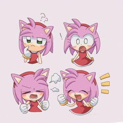 Size: 1280x1280 | Tagged: safe, artist:pita_b882, amy rose, eyes closed, frown, multiple views, pink background, question mark, simple background, smile