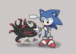 Size: 644x458 | Tagged: safe, artist:pita_b882, sonic the hedgehog, sonic x shadow generations, ..., doom shadow, duo, grey background, poking, shadow (lighting), simple background, standing