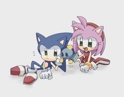 Size: 975x768 | Tagged: safe, artist:pita_b882, amy rose, sonic the hedgehog, duo, grey background, puppet, simple background, sitting