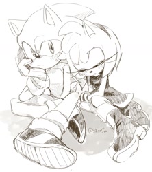 Size: 1500x1691 | Tagged: safe, artist:sa_ssssa, amy rose, sonic the hedgehog, amy x sonic, duo, greyscale, monochrome, shipping, simple background, sitting, sketch, sleeping, straight, white background