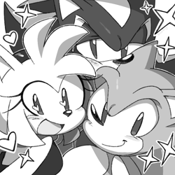 Size: 700x700 | Tagged: safe, artist:blushily, amy rose, shadow the hedgehog, sonic the hedgehog, greyscale, heart, monochrome, trio