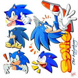 Size: 1280x1280 | Tagged: safe, artist:notnicknot, sonic the hedgehog, character name, grin, multiple views, simple background, smile, solo, thumbs up, white background