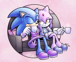 Size: 3234x2643 | Tagged: safe, artist:alotaart, artist:hot_shelter, blaze the cat, sonic the hedgehog, alternate outfit, couch, cup, duo, pink background, robe, shipping, sitting, sonaze, straight