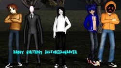 Size: 1192x670 | Tagged: safe, artist:justboyracon, sonic the hedgehog, oc, oc:sonic.exe, 3d, creepypasta, hoody, jeff the killer, masky, mmd, slenderman