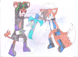 Size: 400x291 | Tagged: safe, artist:thunder-the-mouse, miles "tails" prower, oc, oc:thunder dark the hedgemouse, traditional media