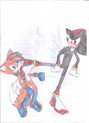 Size: 400x550 | Tagged: safe, artist:thunder-the-mouse, miles "tails" prower, shadow the hedgehog, traditional media