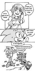 Size: 508x1035 | Tagged: safe, artist:neffiweffi, princess elise, shadow the hedgehog, sonic the hedgehog, human, comic, english text, greyscale, monochrome, speech bubble, trio