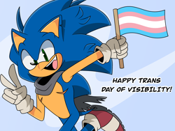 Size: 2160x1620 | Tagged: safe, artist:joopitor, sonic the hedgehog, 2024, abstract background, english text, flag, holding something, looking at viewer, mouth open, one fang, pride, pride flag, running, scarf, smile, solo, top surgery scars, trans male, trans pride, trans visibility day, transgender, v sign