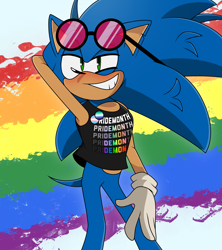 Size: 1920x2160 | Tagged: safe, artist:joopitor, sonic the hedgehog, abstract background, badge, blushing, crop top, gay, hand behind head, hand on knee, looking offscreen, mlm pride, posing, pride, pride flag background, smile, solo, standing, sunglasses, trans male, trans pride, transgender