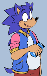 Size: 654x1054 | Tagged: safe, artist:beastofeuthanasia, sonic the hedgehog, clothes, fizzy soda can, flat colors, freckles, grey background, holding something, jacket, looking offscreen, mouth open, simple background, smile, soda, solo, standing