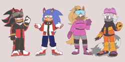 Size: 2000x1000 | Tagged: safe, artist:filledupdog, shadow the hedgehog, sonic the hedgehog, tangle the lemur, whisper the wolf, alternate outfit, beanie, beige background, blushing, blushing ears, boots, coat, eyes closed, frown, goggles, group, lidded eyes, looking at viewer, pants, scarf, simple background, smile, winter outfit