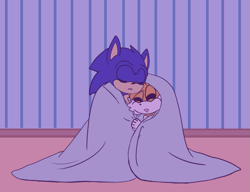 Size: 883x678 | Tagged: safe, artist:professionalstrawberrycollector, miles "tails" prower, sonic the hedgehog, abstract background, blanket, cute, duo, eyes closed, gay, indoors, mouth open, nighttime, shipping, sleeping, smile, sonabetes, sonic x tails, tailabetes