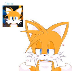 Size: 3456x3401 | Tagged: safe, artist:manglefnaffan, miles "tails" prower, blushing, frown, lidded eyes, looking offscreen, redraw, reference inset, simple background, solo, white background