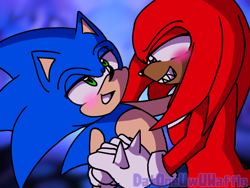 Size: 1024x768 | Tagged: safe, artist:datoneuwuwaffle, knuckles the echidna, sonic the hedgehog, 2024, abstract background, blushing, duo, gay, holding hands, knuxonic, lidded eyes, looking at each other, shipping, signature, smile, standing