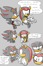 Size: 800x1211 | Tagged: safe, artist:virune, mighty the armadillo, shadow the hedgehog, blushing, dialogue, duo, english text, gay, grey background, lidded eyes, looking at each other, looking at them, looking down, mightadow, mouth open, shipping, simple background, sitting, smile, sparkles, speech bubble