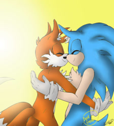 Size: 900x1000 | Tagged: safe, artist:pirog-art, miles "tails" prower, sonic the hedgehog, 2018, cute, duo, eyes closed, gay, gradient background, holding each other, shipping, signature, smile, sonic x tails, standing