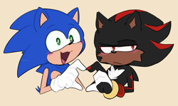 Size: 1223x729 | Tagged: safe, artist:fieldofcloverz, shadow the hedgehog, sonic the hedgehog, 2024, blushing, cream background, cute, duo, frown, gay, heart hands, looking at viewer, looking away, looking offscreen, mouth open, redraw, shadow x sonic, shadowbetes, shipping, simple background, smile, sonabetes, standing, wagging tail