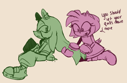 Size: 1796x1176 | Tagged: safe, artist:fieldofcloverz, amy rose, surge the tenrec, 2024, blushing, brush, brushing, brushing hair, cream background, cute, dialogue, duo, english text, frown, hair down, hairbrush, kneeling, lesbian, looking at them, looking back, looking back at them, monochrome, shipping, simple background, sitting, smile, surgamy, wagging tail