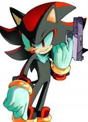 Size: 1442x1977 | Tagged: safe, artist:nuinu_17, shadow the hedgehog, 2024, blood, blood stain, gun, holding something, looking offscreen, simple background, smile, solo, standing, white background