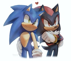 Size: 1080x925 | Tagged: safe, artist:spacecolonie, shadow the hedgehog, sonic the hedgehog, arms folded, cute, duo, frown, gay, heart, lineless, looking offscreen, shadow x sonic, shipping, signature, simple background, smile, sonabetes, standing, white background