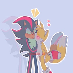 Size: 2048x2048 | Tagged: safe, artist:dogdaysc, miles "tails" prower, shadow the hedgehog, 2024, arms folded, blue background, blushing, duo, gay, hands behind back, heart, kiss on cheek, mouth open, outline, shadails, shadow (lighting), shipping, signature, simple background, standing, standing on one leg, surprise kiss, surprised