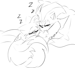 Size: 2048x1863 | Tagged: safe, artist:dogdaysc, miles "tails" prower, shadow the hedgehog, 2024, bed, blushing, cute, duo, eyes closed, frown, gay, indoors, line art, lying down, pillow, shadow x tails, shadowbetes, shipping, simple background, sleeping, tailabetes, white background, zzz