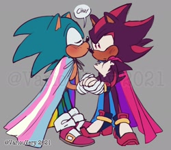 Size: 1608x1411 | Tagged: safe, artist:variouvery, shadow the hedgehog, sonic the hedgehog, 2021, bisexual, bisexual pride, blushing, cape, chu, cute, duo, eyes closed, gay, gay pride, grey background, holding hands, kiss on nose, obtrusive watermark, pride, shadow x sonic, shadowbetes, shipping, signature, simple background, sonabetes, speech bubble, standing, trans female, trans pride, transgender, watermark