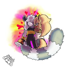 Size: 1200x1200 | Tagged: safe, artist:_steel_wulf0_, tangle the lemur, whisper the wolf, 2024, duo, french kiss, heart, holding them, kiss, lesbian, shipping, signature, simple background, standing, surprise kiss, surprised, tangle x whisper, tongue out, white background