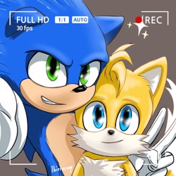 Size: 2048x2048 | Tagged: safe, artist:ibi_rivcam, miles "tails" prower, sonic the hedgehog, 2024, brown background, duo, gay, looking at camera, movie style, selfie, shipping, simple background, smile, sonic x tails, sparkles, standing, v sign