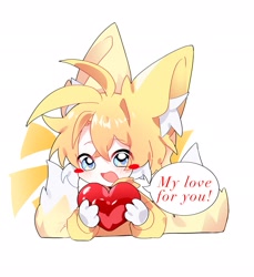 Size: 1879x2048 | Tagged: safe, artist:soba_kt, miles "tails" prower, human, 2024, blushing, cute, dialogue, ear fluff, english text, eye clipping through hair, eyebrow clipping through hair, heart, holding something, humanized, looking offscreen, mouth open, partially humanized, simple background, solo, speech bubble, tailabetes, white background