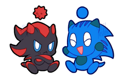 Size: 519x338 | Tagged: safe, artist:yiziyusan, shadow the hedgehog, sonic the hedgehog, chao, 2024, :<, arms folded, chaobetes, character chao, cute, duo, eyes closed, frown, mouth open, shadow chao, simple background, sitting, smile, sonic chao, white background