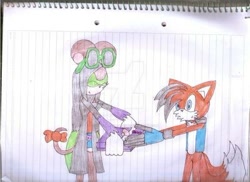 Size: 400x291 | Tagged: safe, artist:thunder-the-mouse, miles "tails" prower, oc, oc:thunder dark the hedgemouse, duo, traditional media