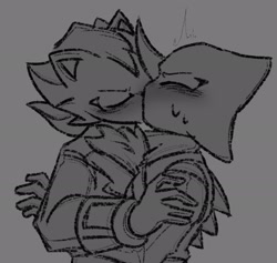 Size: 2048x1939 | Tagged: safe, artist:wooooofwooooof, espio the chameleon, shadow the hedgehog, 2024, blushing, clothes, duo, eyes closed, gay, grey background, greyscale, holding them, kiss, monochrome, shadpio, shipping, simple background, standing, sweatdrop