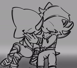 Size: 2048x1790 | Tagged: safe, artist:wooooofwooooof, espio the chameleon, shadow the hedgehog, 2024, blushing, clothes, cute, duo, espibetes, eyes closed, gay, gradient background, greyscale, holding each other, monochrome, shadowbetes, shadpio, shipping, sitting