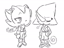 Size: 2048x1548 | Tagged: safe, artist:wooooofwooooof, espio the chameleon, shadow the hedgehog, 2024, blushing, chibi, clothes, cute, duo, english text, espibetes, eyes closed, frown, gay, line art, looking at them, monochrome, mouth open, shadowbetes, shadpio, shipping, sighing, simple background, thought bubble, white background