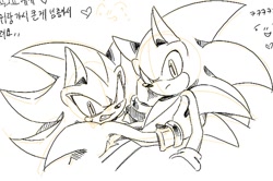 Size: 966x640 | Tagged: safe, artist:chilidog_16, shadow the hedgehog, sonic the hedgehog, duo, gay, korean text, monochrome, shadow x sonic, shipping, sketch