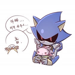 Size: 1651x1651 | Tagged: safe, artist:chilidog_16, amy rose, metal sonic, robotnik, character doll, classic amy, classic robotnik, duo, holding something, korean text, simple background, speech bubble, white background