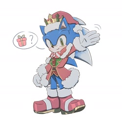 Size: 1866x1866 | Tagged: safe, artist:chilidog_16, sonic the hedgehog, arm up, boots, christmas, christmas outfit, crown, gift box, hat, present, snowdrift sonic, solo, sonic forces: speed battle