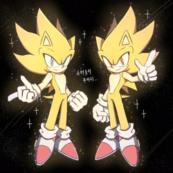 Size: 2172x2172 | Tagged: safe, artist:chilidog_16, sonic the hedgehog, super sonic, super sonic 2, sonic frontiers, duo, korean text, self paradox, sparkles, super form