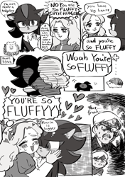 Size: 699x992 | Tagged: safe, artist:mori3322, maria robotnik, shadow the hedgehog, hedgehog, human, sonic x shadow generations, aged down, angry, comic, cute, english text, fluffy, g.u.n. commander, greyscale, hugging, literal animal, mariabetes, monochrome, shadowbetes, speech bubble, thought bubble, trio