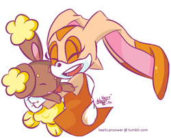 Size: 1009x819 | Tagged: safe, artist:taails-proower-blog, cream the rabbit, buneary, crossover, cute, duo, english text, eyes closed, hugging, mouth open, pokemon, signature, simple background, smile, standing, white background