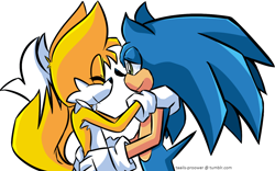 Size: 1280x799 | Tagged: safe, artist:taails-proower-blog, miles "tails" prower, sonic the hedgehog, duo, eyes closed, gay, hands on hips, hands on shoulders, holding each other, lidded eyes, looking at them, shipping, signature, simple background, smile, sonic x tails, standing, white background